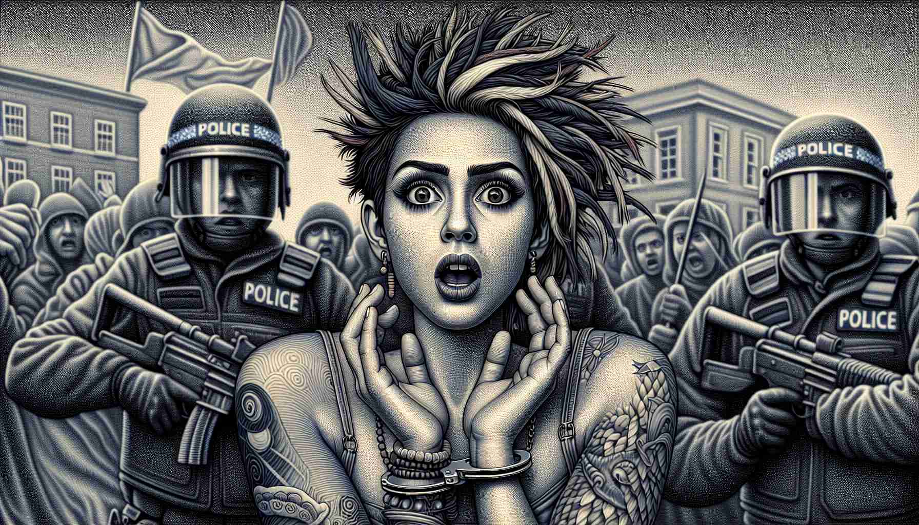 Detailed depiction in high resolution of a lady with unique style being taken in custody with a surprised expression on her face. The background features signs of turmoil such as protesters and police, adding to the controversial environment.