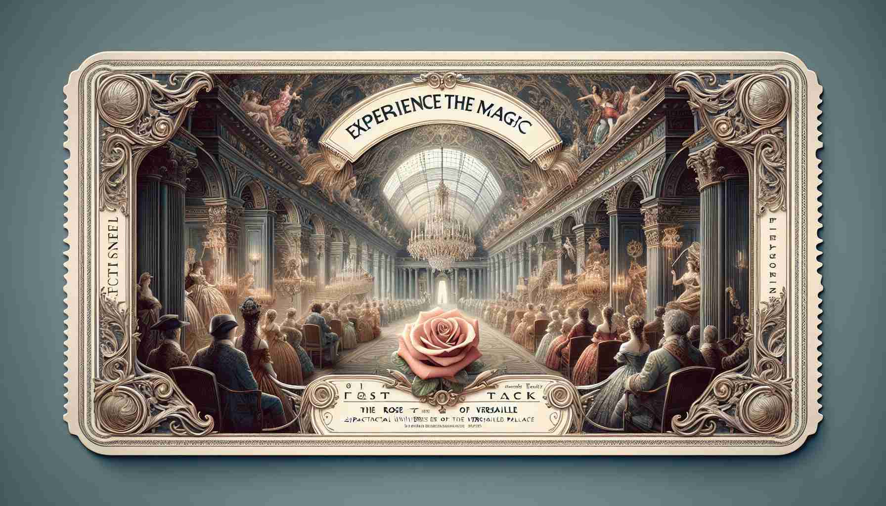 Generate a realistic, high-definition image representing the spectacular universe of 'The Rose of Versailles'. Imagine a fast-track ticket that holds an intricately detailed illustration of an opulent, 18th-century royal court scene, reflecting the grandeur and style of the Versailles palace. The ticket design is steeped in historic regality, with a clear banner saying 'Experience the Magic'. Accentuate the feeling of immersion and excitement that comes with being granted an entrancing glimpse into this timeless aesthetic universe.