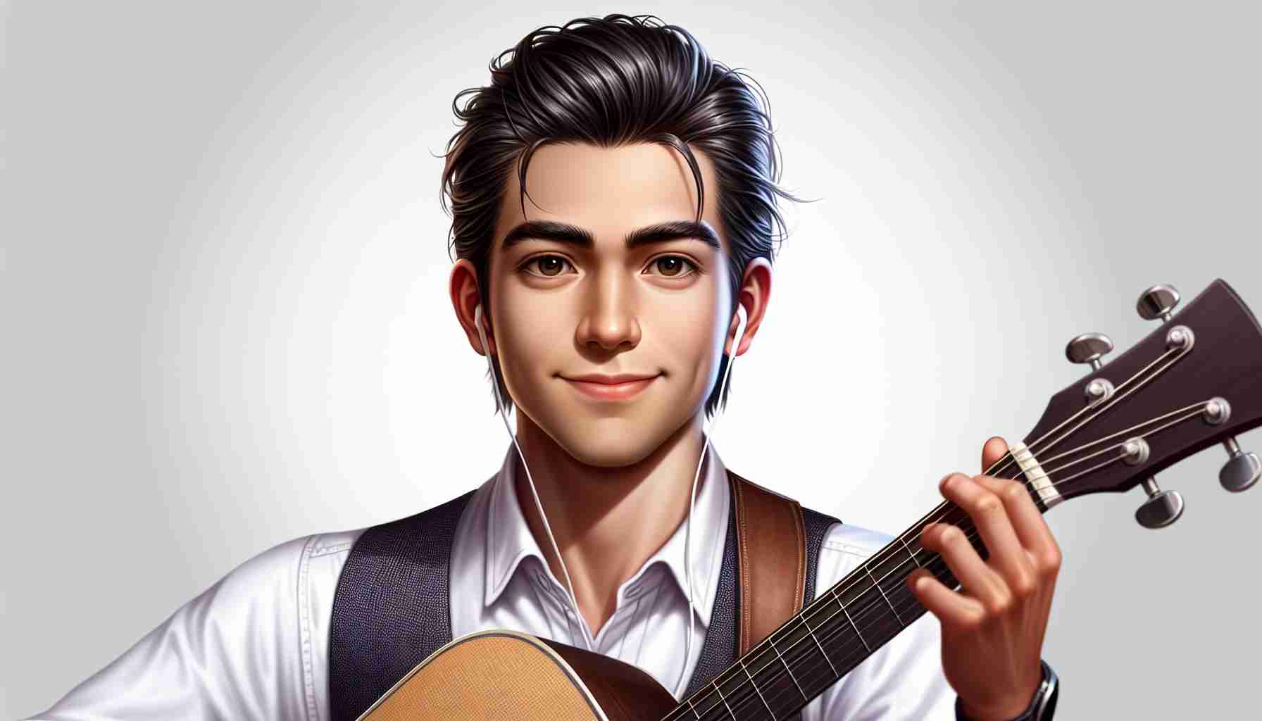 A high-definition, realistic rendering of an enthusiastic male musician with characterizing features such as dark hair, pronounced eyebrows, and clear eyes. He could be holding a musical instrument, suggesting his journey into music. Please bear in mind that the given description should not associate with any real person, celebrity, or public figure.