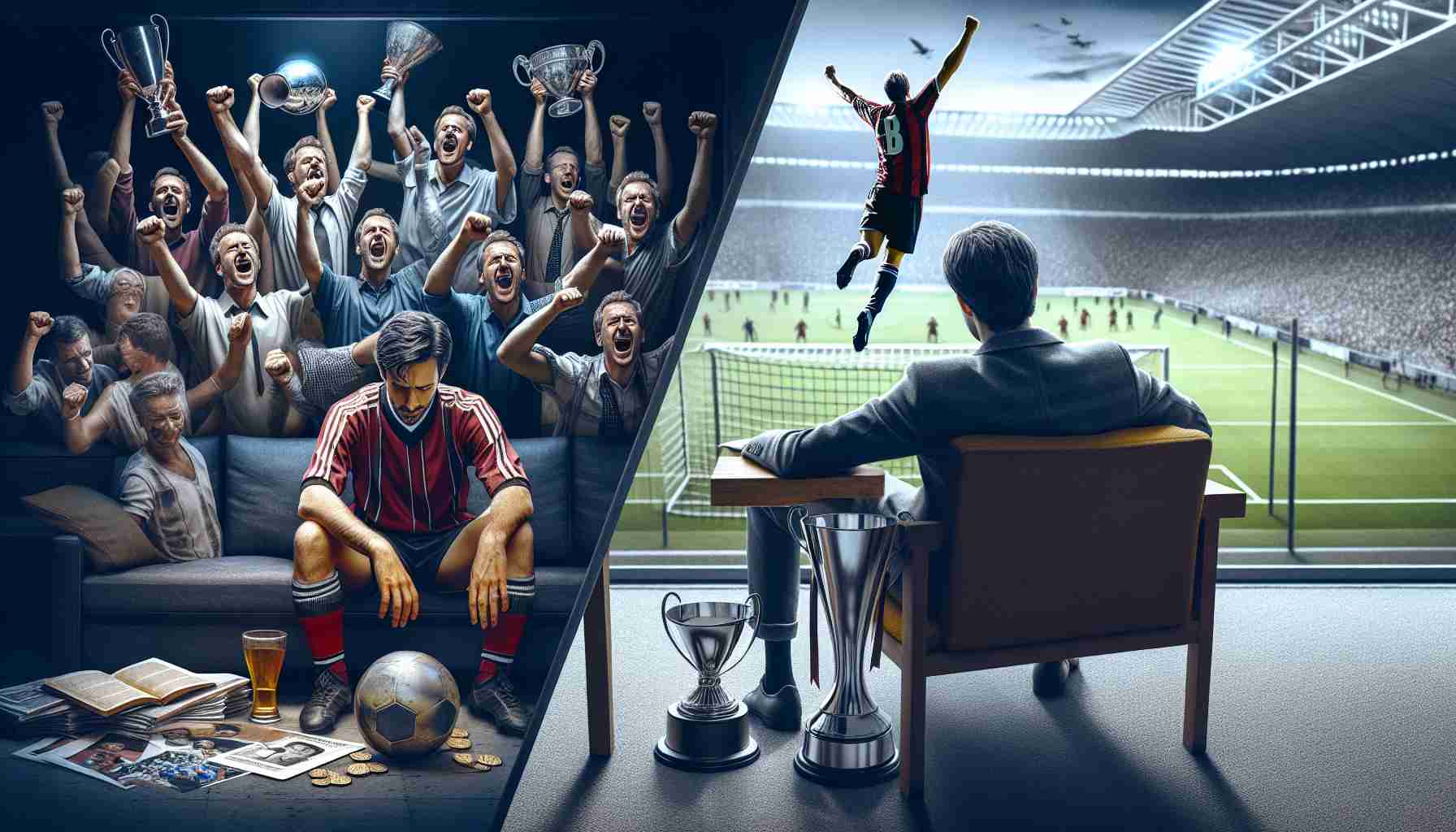 Create a high-resolution image depicting the story of a well-regarded, professional footballer from a major German league who is now struggling. Capture the contrast between the highs of his career, filled with spectacular goals and cheering crowds, to the lows of his current situation, perhaps sitting alone or looking at his old trophies with a somber expression.