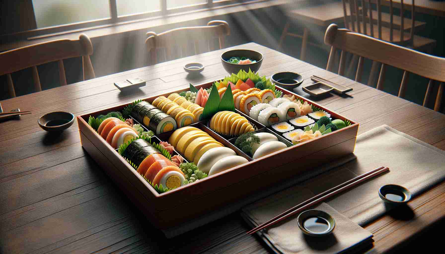 A highly detailed and realistic image depicting an 'Egg Bento'. The setting is a sushi restaurant with diffused natural light falling on the table. Centered on the table is a beautiful bento box filled with a variety of egg preparations. There might be tamagoyaki (Japanese rolled omelette), boiled eggs, scrambled eggs, egg sushi, and possibly more, all nested elegantly amidst an assortment of fresh vegetables. Traditionally, nori (seaweed) and pickled ginger adorns the side. The atmosphere indicates a love for eggs, making this a must-try meal for egg enthusiasts.