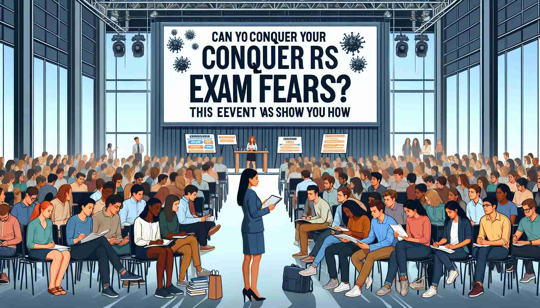 Create a high-quality, realistic image capturing the concept of conquering exam fears. The scene should consist of a large gathering held in an event hall, with an informational banner overhead displaying the text 'Can You Conquer Your Exam Fears? This Event Will Show You How'. Illustrate diverse groups of people engrossed in the event; those include young South Asian woman leaned over taking notes, a Hispanic man exchanging ideas enthusiastically, a black woman asking questions to the speaker, a Caucasian man studying a pamphlet etc. Additionally, depict a speaker onstage, a Middle Eastern woman, holding a microphone and giving an engaging presentation with a projector screen showing helpful tips to overcome exam fear.