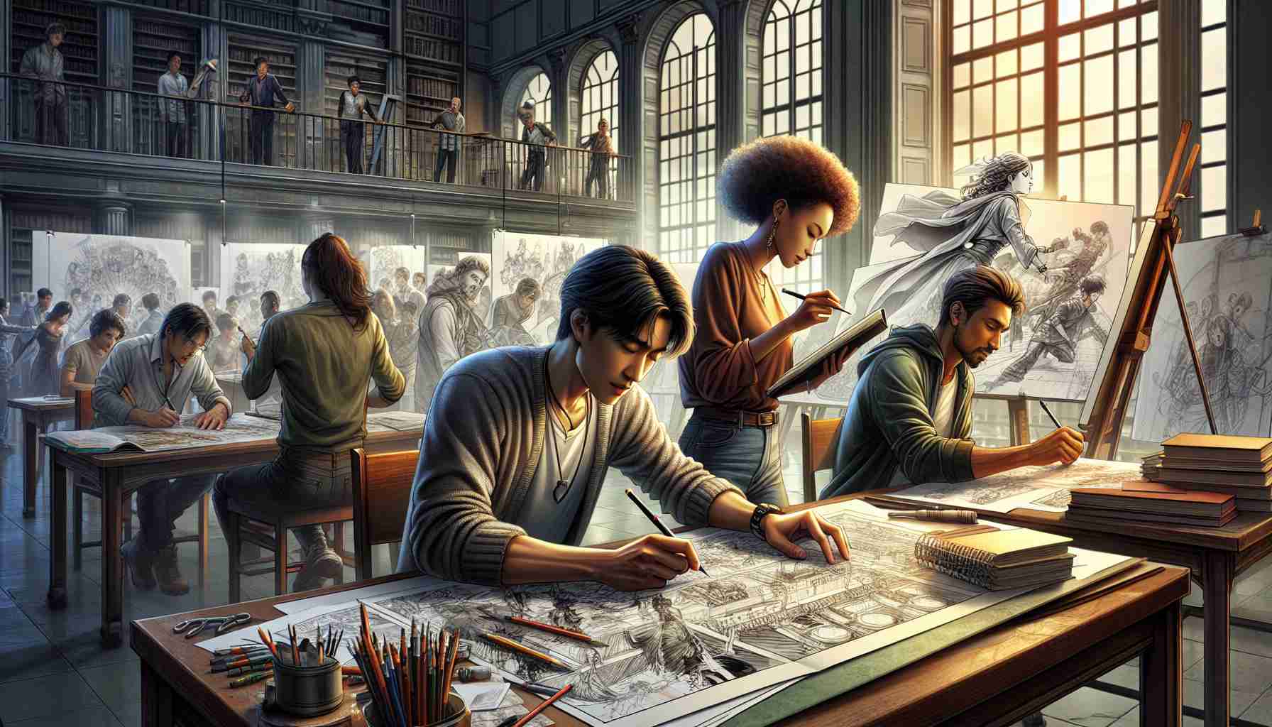 Realistic, high-definition illustration showing an impressive behind-the-scenes view of a fictional manga production. Depict three main characters collaborating. The first character is an enthusiastic male manga artist of South Asian descent, sketching passionately. The second character is an African female writer, she is deeply engrossed in writing the script. The third character is a Hispanic female background artist, she is indivertibly tracing the intricate details of the staged scenery. Everyone seems to be working harmoniously, bringing a manga world to life.