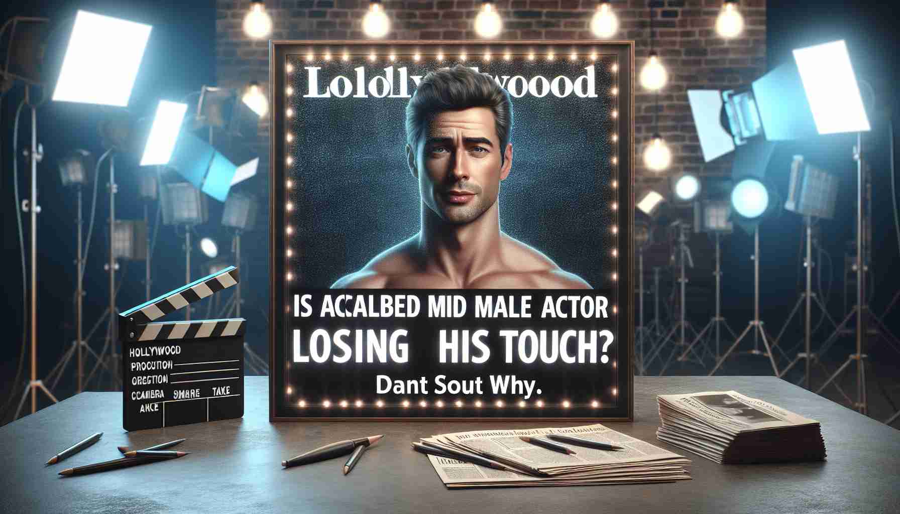 Realistic high-definition image featuring a text headline that reads 'Is Acclaimed Male Actor Losing His Touch? Find Out Why.' The text should be in bold, noticeable font against a generic Hollywood backdrop featuring lights, cameras, and possibly even a clapperboard. The actors physique should be depicted as average.