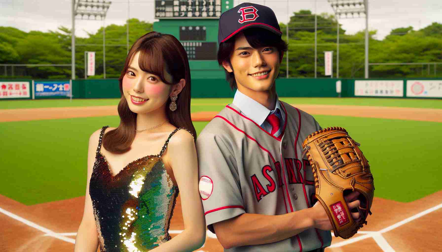 Generate a realistic HD image showing an unlikely duo: a young female Japanese pop singer, with brown hair, in a sequined dress and a baseball player in uniform practicing on a well-maintained baseball field. The atmosphere around them should radiate joy and captivate attention, symbolising their endearing relationship.