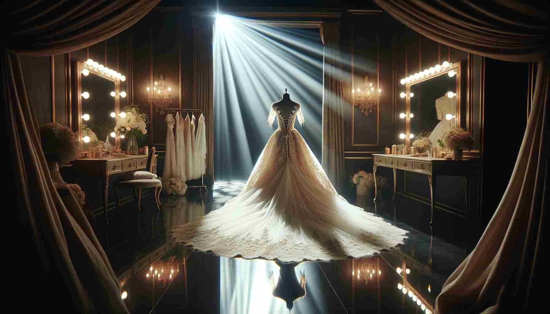 A breathtaking reveal of a stunning wedding dress in a high-definition photo. The wedding dress is styled in the fashion of popular television dramas, with intricate lace detailing, a full tulle skirt, and an elongated train. The setting reflects the intense atmosphere of a hit series finale, with exquisite lighting and an air of anticipation. Elements such as a fancy dressing room, the striking beam of a spotlight, and the bride's reflected happiness in a mirror can be included for added drama and suspense.