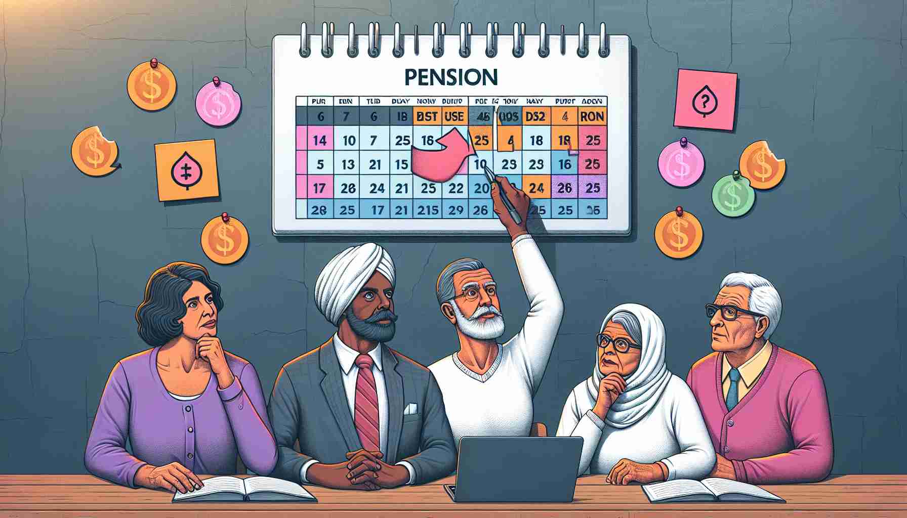 Create a high-definition illustration that represents the concept of an upcoming boost in pensions. The image should include a calendar marked with important dates and include a visual representation of pensioners understanding how to benefit from this increase. Depict the pensioners as diverse range of people, such as a Middle-Eastern woman and a Caucasian man, both exhibiting curiosity and interest as they learn about the pension raise. For the calendar, use broad symbols to denote essential dates, like circled days or brightly-colored post-it notes. Make sure all elements are portraying realistic style.